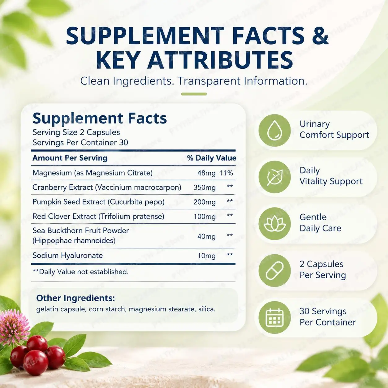 Urinary Wellness Capsules with Cranberry Extract & Pumpkin Seed Extract & Magnesium Citrate, for Urinary Comfort, 60 Capsules