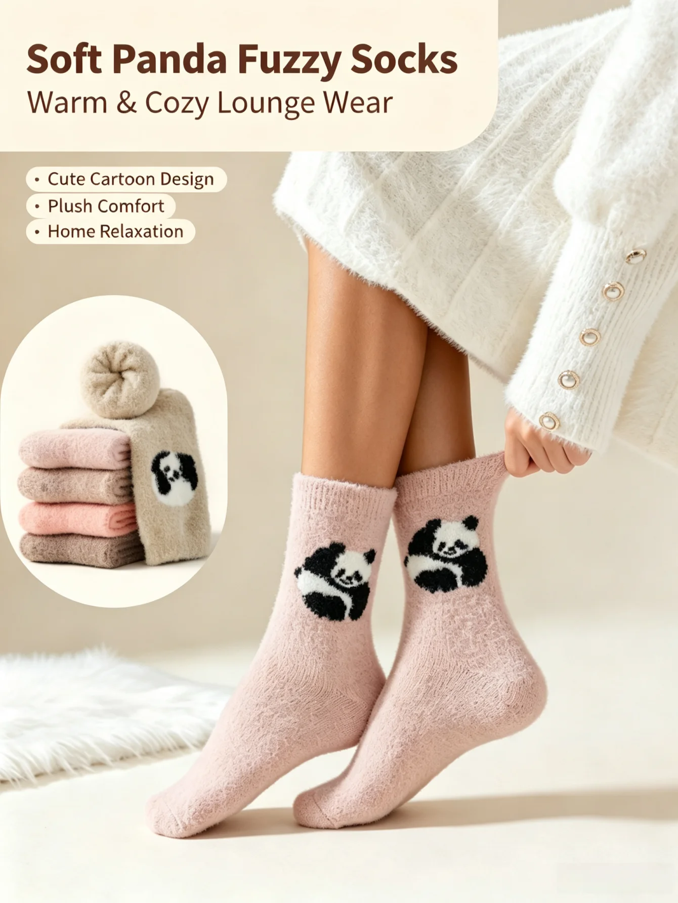 1 Pair of Women's Cute Panda Thick Warm Mid-Calf Socks, Cartoon Tube Socks, Plush Mid-Calf Socks, Women's Warm Sleep Socks, Autumn and Winter Soft and Skin-Friendly Home Warm Floor Socks