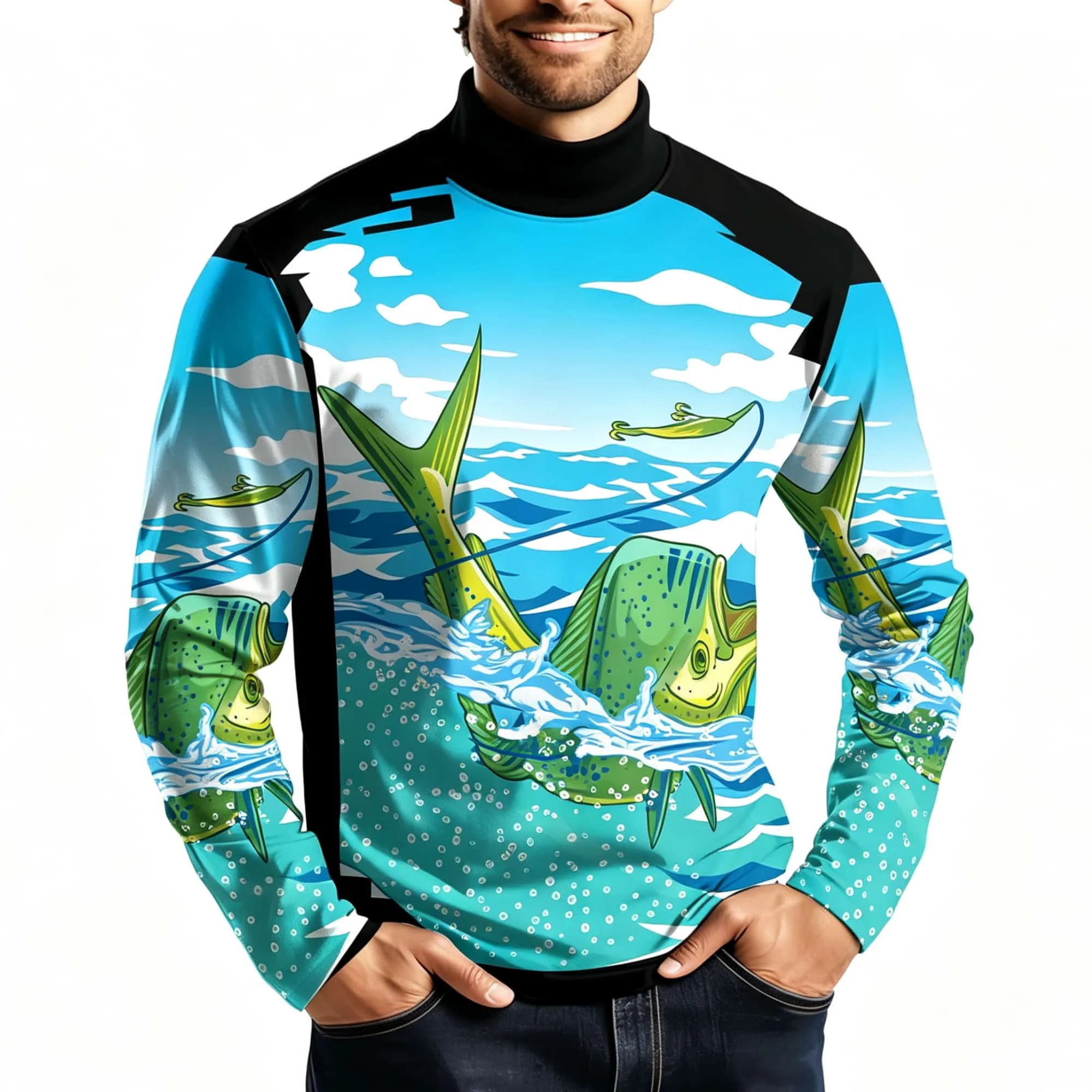 Outdoor Fisherman Long Sleeve T‑Shirt Men Ocean Marlin Sea Wave All‑Over Print Quick Dry Fishing Jersey