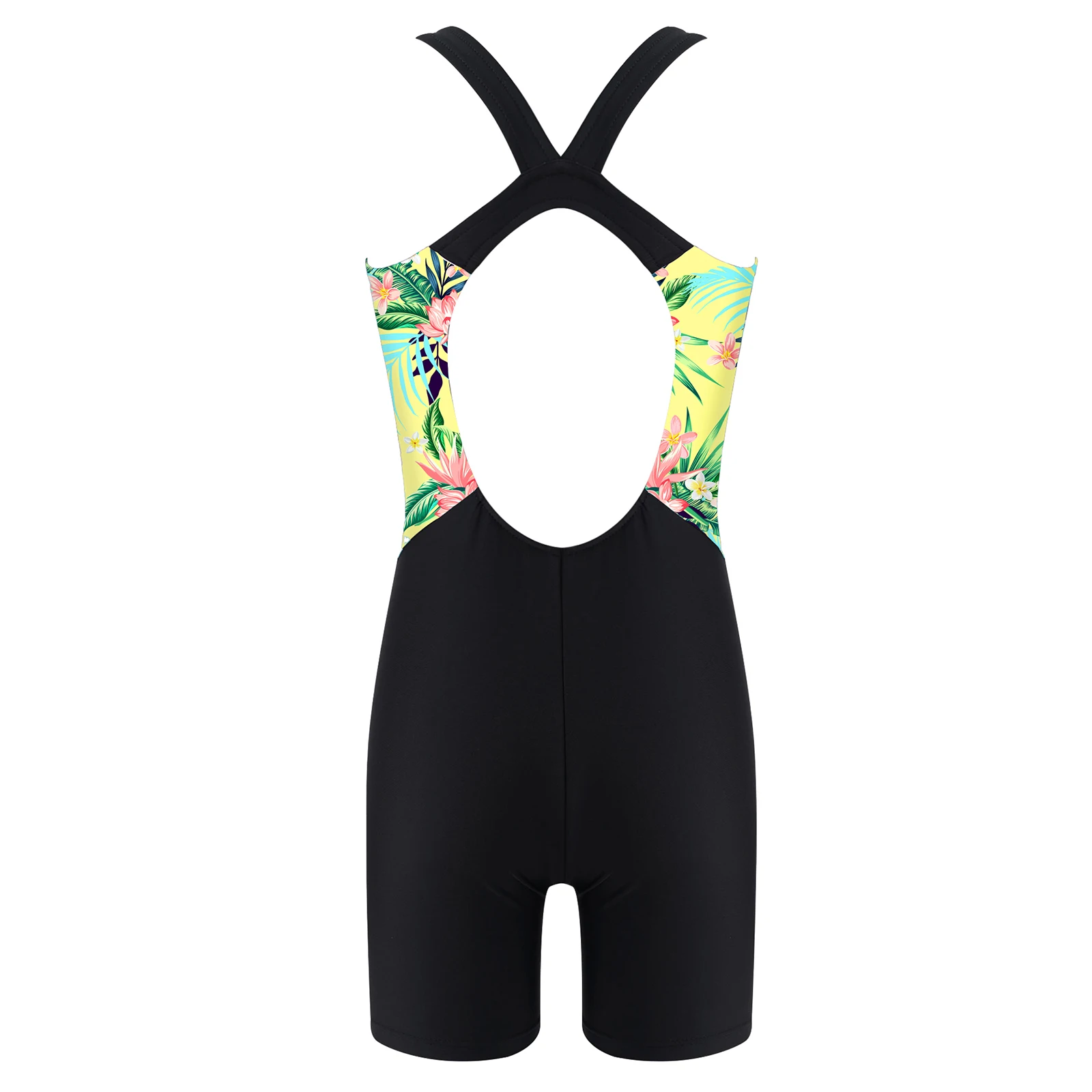 Kids Girls One-piece Swimwear Swimsuit Round Neck Open Back Print Short Jumpsuit Bodysuit for Beach Pool Swimming Bathing Suit