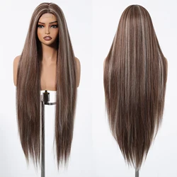 36 Inches Long Straight Synthetic Wigs Hairline Lace Frontal Wig Gray Brown Highlight Blonde Wig for Women Wigs Heat Resistant