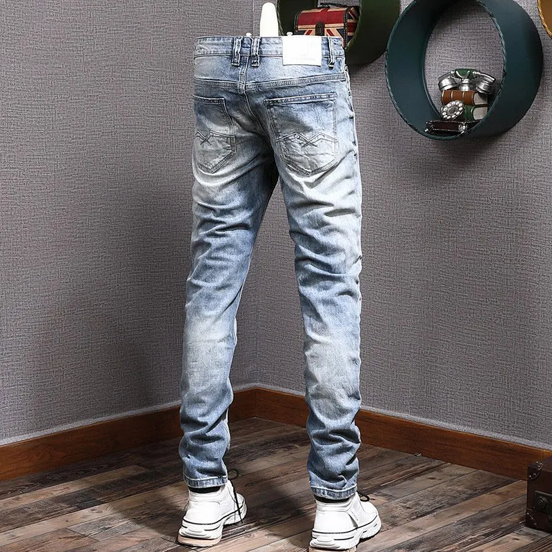 Fashion Designer Men Jeans Retro Light Blue Elastic Slim Fit Ripped Jeans Men Vintage Trousers Korean Style Denim Pants Hombre
