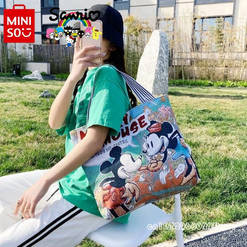 MINISO New Women's Handbag Fashionable High Quality Women's Shoulder Bag Cartoon Versatile Large Capacity Storage Canvas Bag