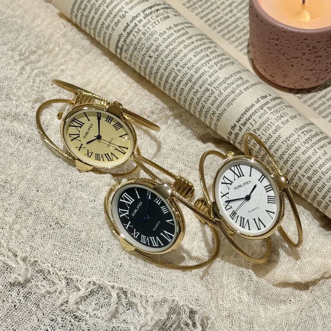 Feminino pulseira relógio escala romana oval dial aberto pulseira relógios das mulheres moda ouro prata vestido relógio de pulso das senhoras relojes