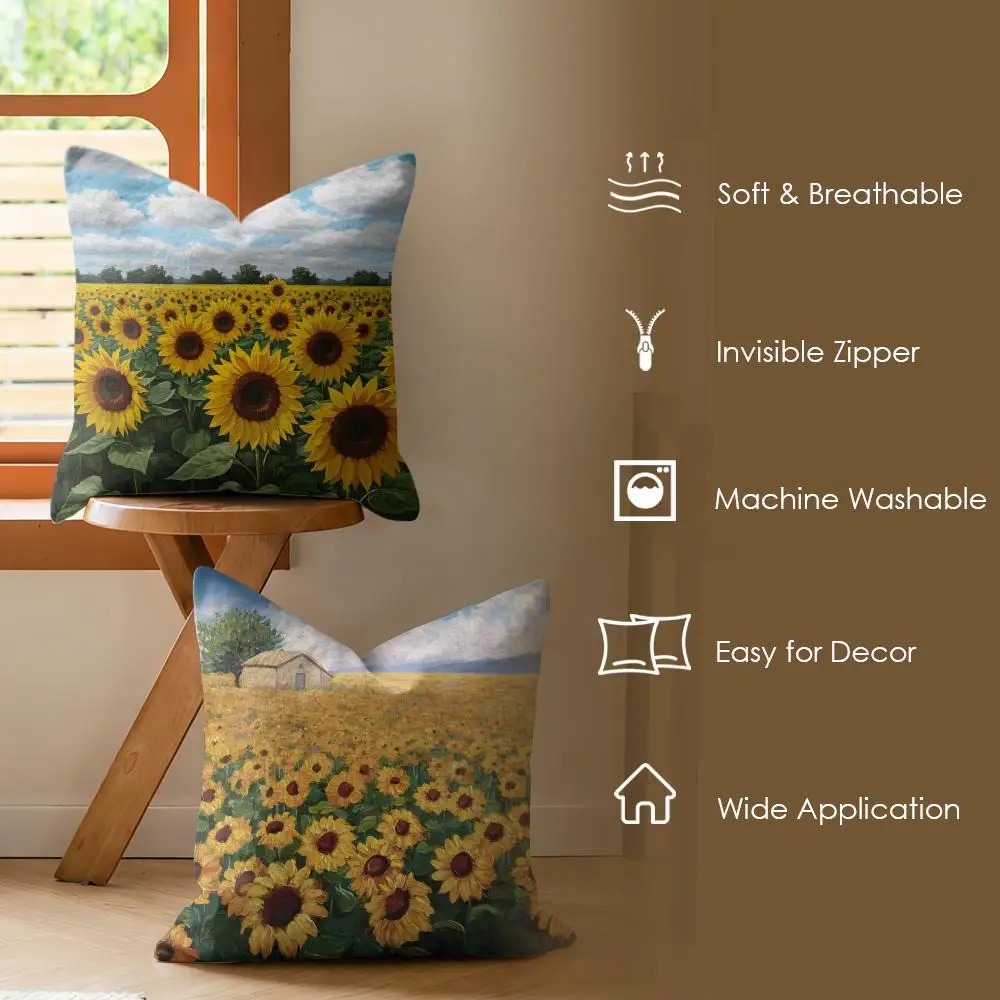 Sunflower Field Yellow Cushion Cover Soft Short Plush Pillow Cover Smooth Cozy Texture Aesthetic Cushion Case Home Decor
