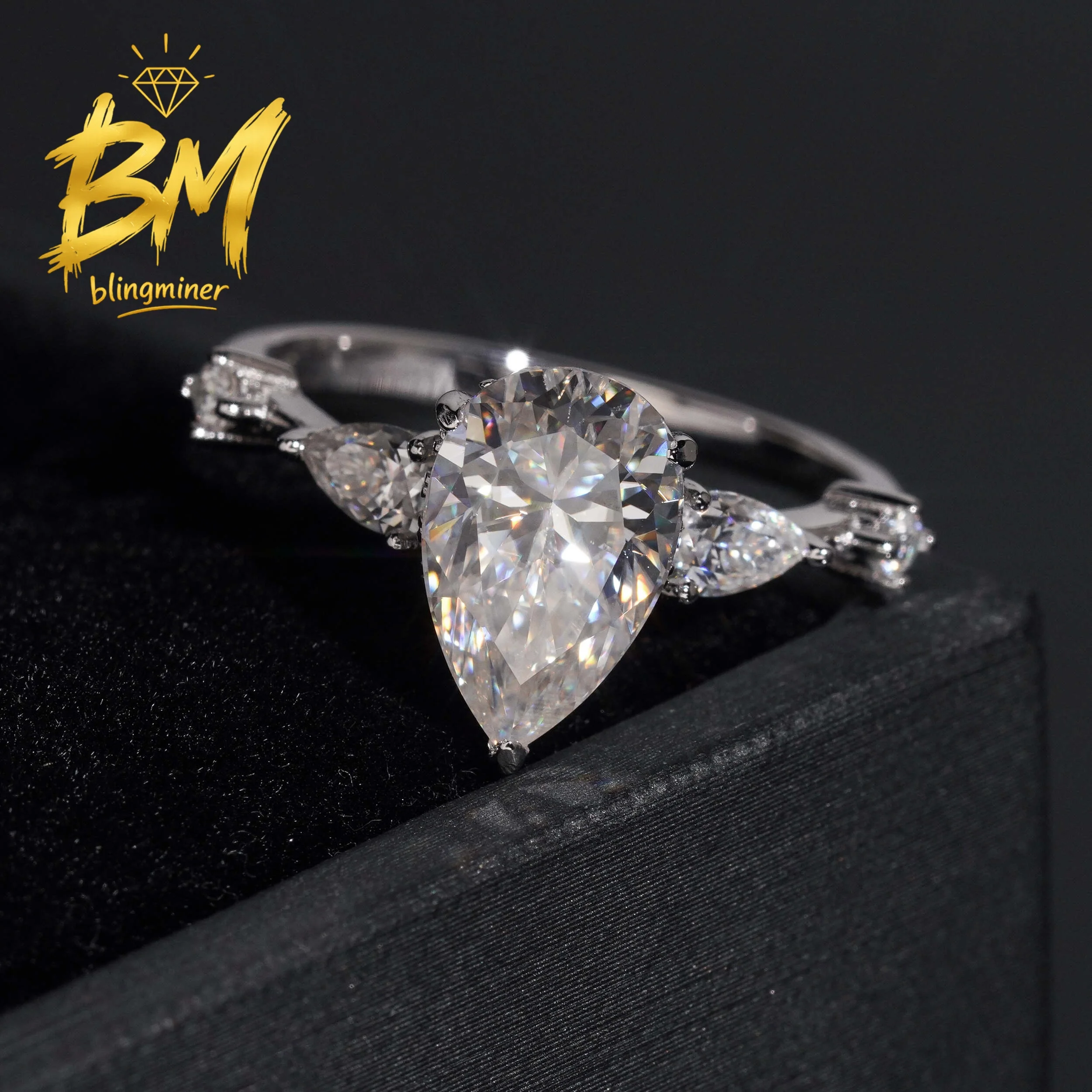 Blingminer Fine Pear Cut 3CT S925 Silver VVS Moissanite Rings Engagement Wedding Women Finger Jewelry Pass Diamonds Free Shippin
