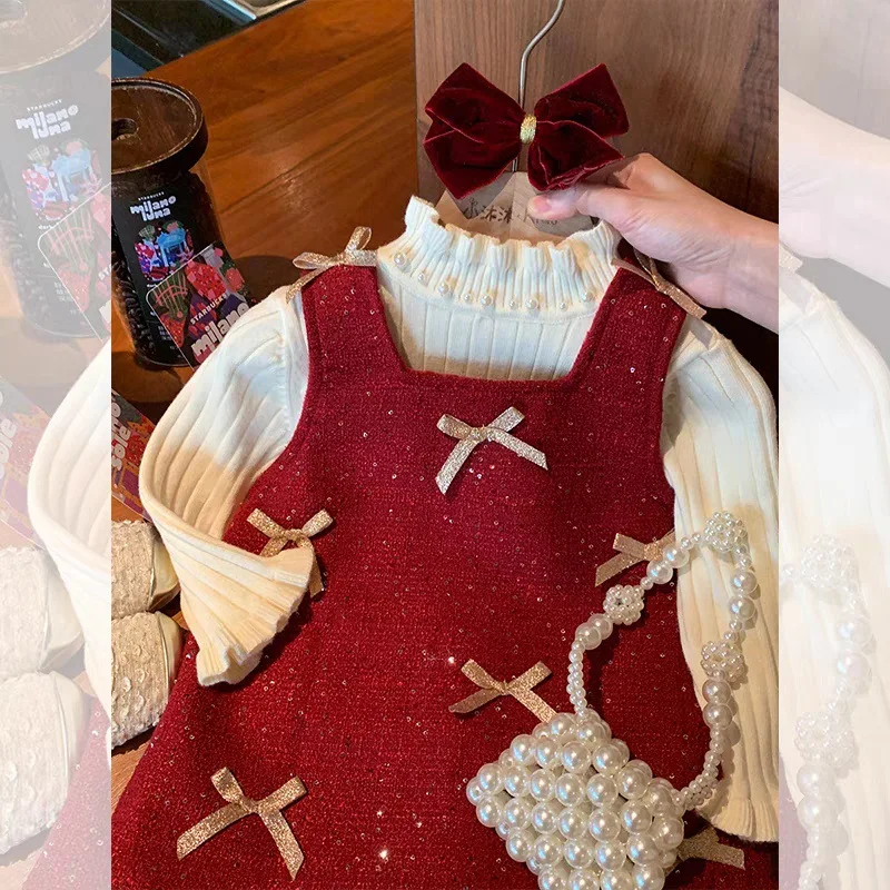 MILANCEL New Autumn Kids Dress 2-7T Cute Bow Patchwork Girls Pinafore Dress Sweet Christmas Day Thicken Children Clothes