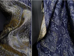 Bronzing Gold Navy Blue Embossed Jacquard Fabric Design Sewing Material Wedding Dress Garment Fabric Wide 140cm Sold By Meter