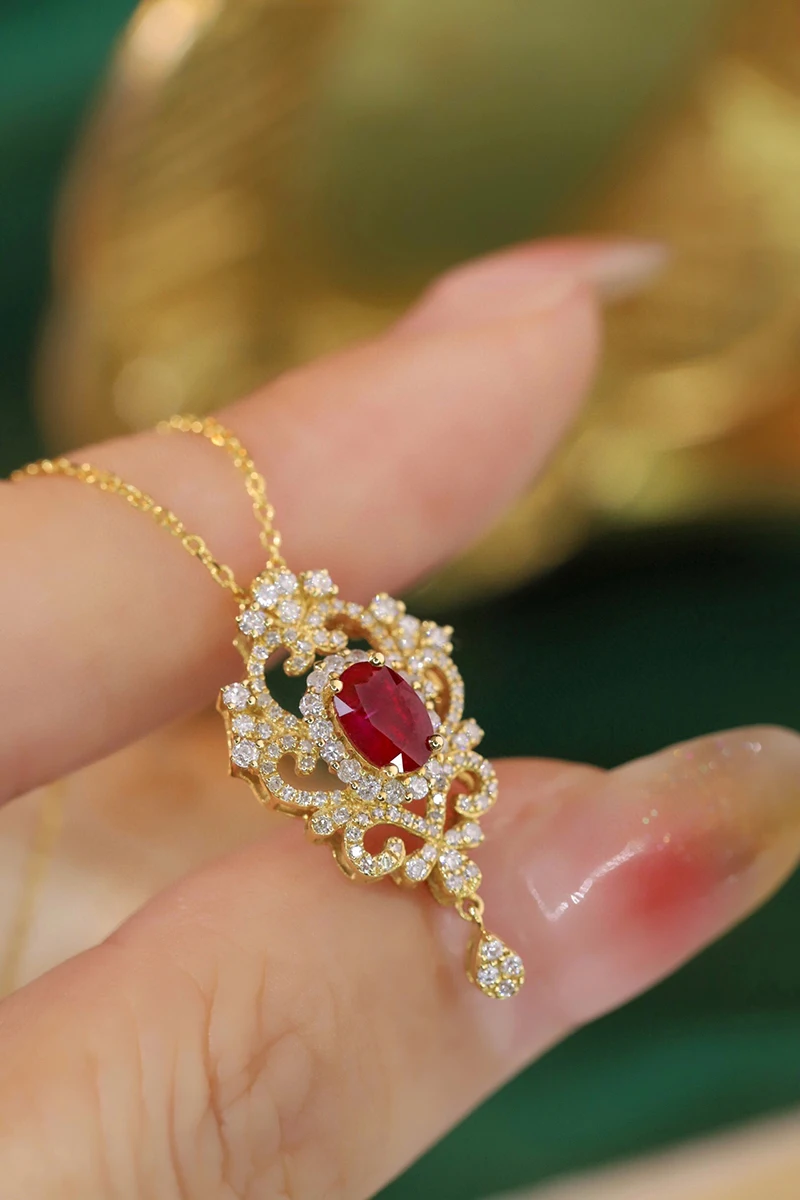 KUGG 100% 18K Yellow Gold Necklace Natural Diamond Natural Ruby Necklace for Women Elegant Tassels Design High Wedding Jewelry