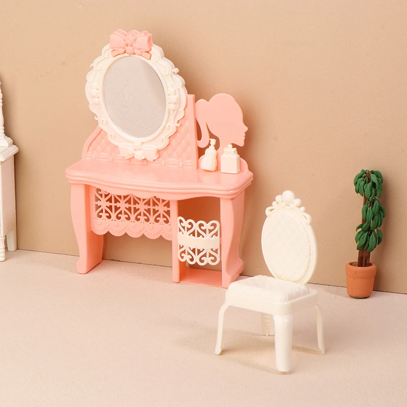 Tocador de simulación en miniatura para casa de muñecas, juego de mesa y sillas de maquillaje, muebles, modelo de decoración para el hogar, accesorios para casa de muñecas, 1:12