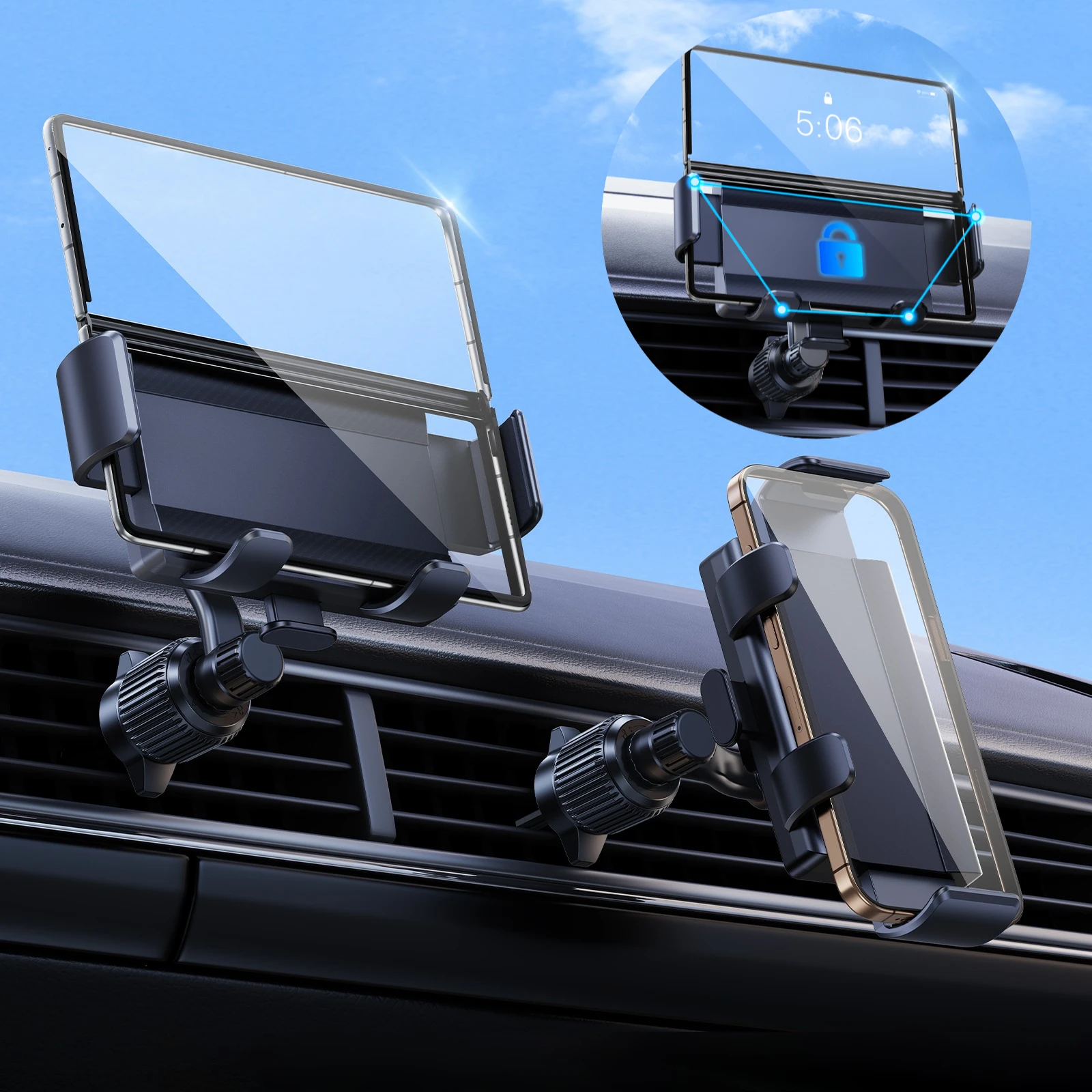 Supporto per telefono per presa d'aria per auto Oatsbasf 360 ° Staffa per auto con rotazione per iPhone 17 16 15 Samsung Z Fold 7 6 5 per dispositivi da 4,7-10,2"