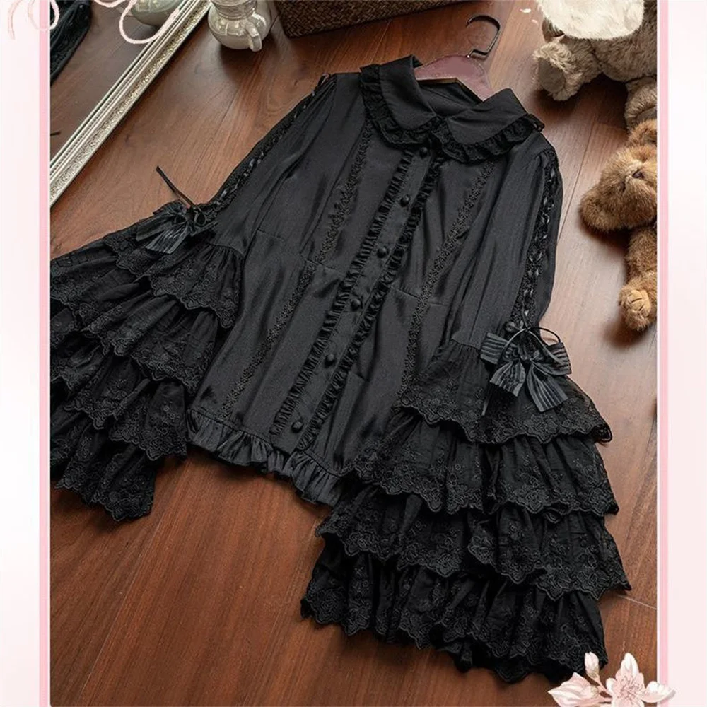 

Блузка с длинными расклешенными рукавами и кукольным воротником в стиле Лолиты для девочек, белая, розовая, черная, женская, на бретельках, милая кружевная шифоновая рубашка, топ Y2k, Blusas