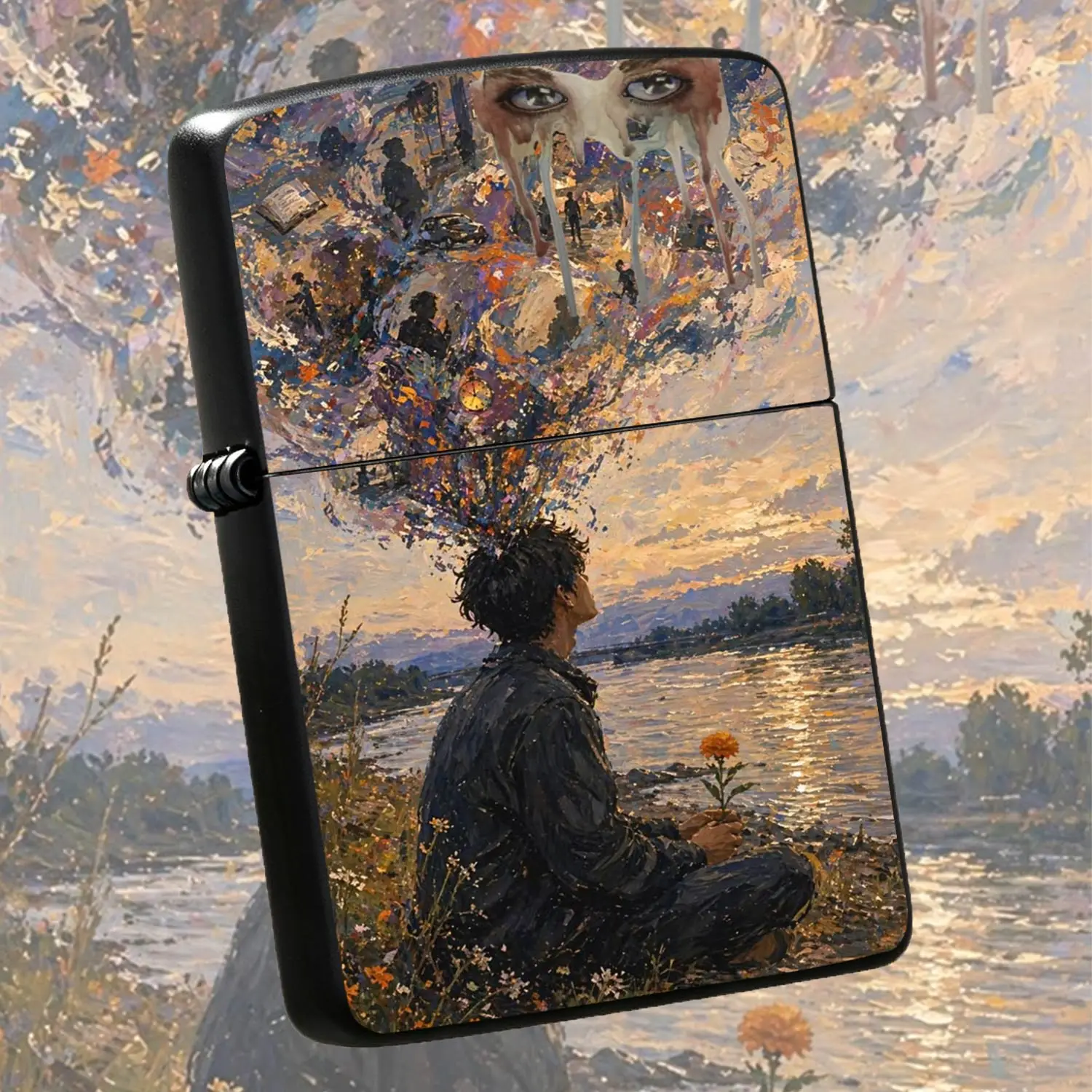 Surreal Art Lighter, Creative Sunset Riverside Figure Holding Flower Print, Atmospheric Trendy Portable Accessory, Stylish Daily Carry Item, Suitable For All Scenarios, Great Choice For Gifting Or Personal Use, Unique Abstract Visual Design