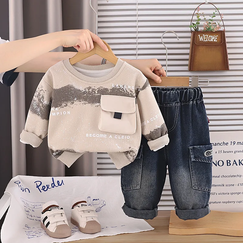 Spring Autumn Baby Boy Clothes Kids Outfits 2026 Fall Korea Casual Pocket Sweatshirt and Pants Two Piece Set Children's Clothing