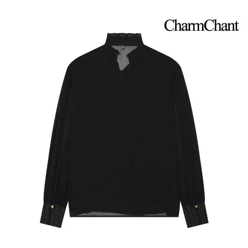 CHARMCHANT Women's Blouse High Collar Ruffled Military Hussar Braid Gold Button Sheer Lantern Sleeve Shirt Top Autumn 2026
