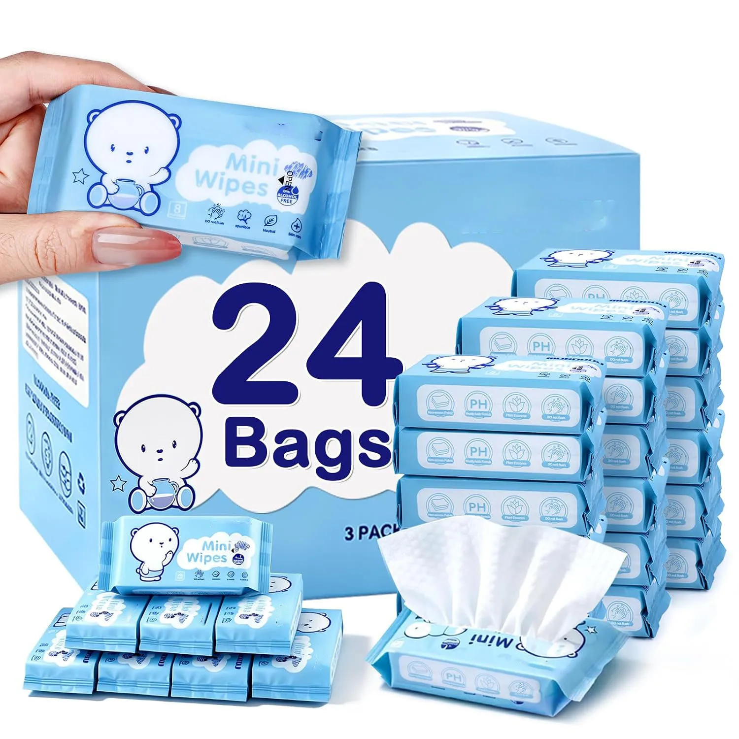 24 pack mini travel wipes, pocket-sized portable wipes, unscented gentle cleaning wipes, suitable for travel necessities, campin