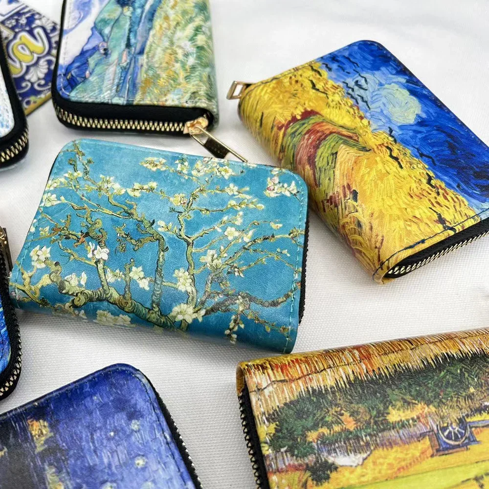 PU Leather Printing Coin Card Zipper Wallet Fashion Van Gogh Paintings For Men Women Credit Passport Card Bag Holder Souvenirs