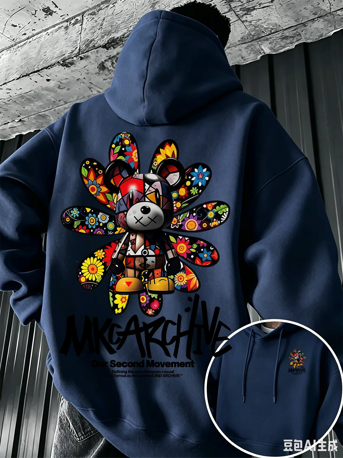 Herren-Freizeit-Kapuzenpullover – Farbenfroher Blumen-Bären-Graffiti-Print Pullover Warmes Street-Style Oberteil für Herbst/Winter – Detail 4