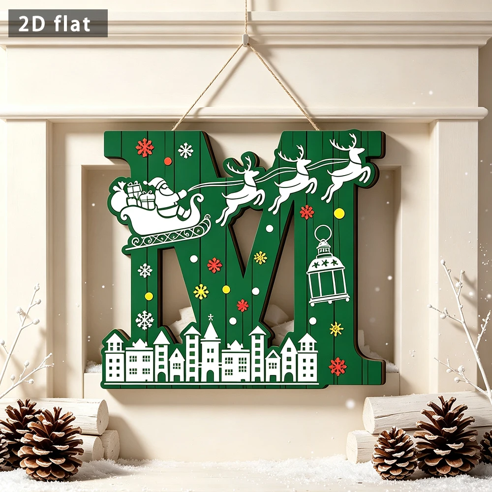 Wooden Christmas Letter M Hanging Sign, 2D Flat Santa Sleigh Reindeer Print Plaque, Xmas Wall Door Hanging Ornament