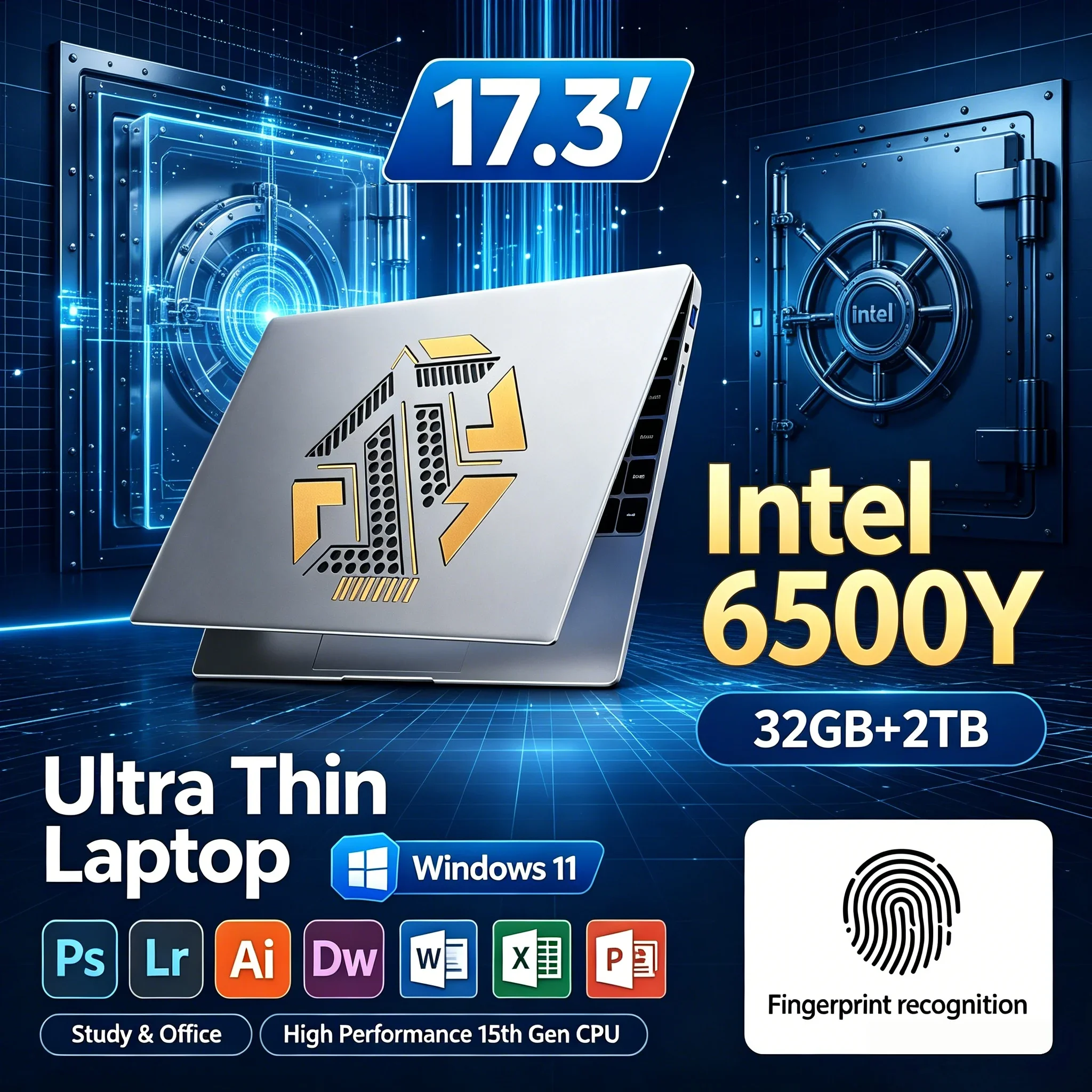 HD 17.3 Inch Laptop PC Intel 6500Y 32GB RAM 1TB/2TB SSD Windows11 WiFi6 BT5.2 Light Portable Daily Office & Home Study Notebook