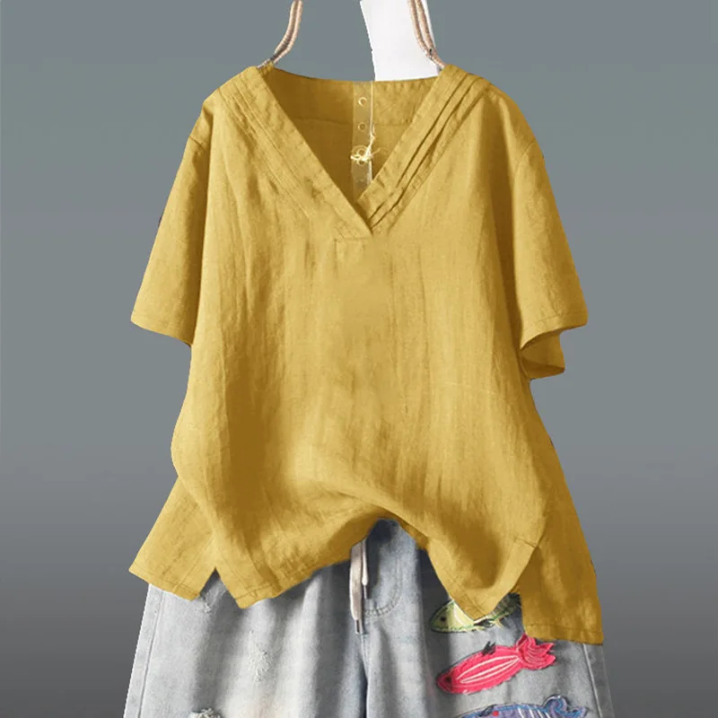

Офисная женская желтая пуловерная блузка на весну и лето, свободная однотонная рубашка с короткими рукавами и v-образным вырезом, нерегулярная рубашка, топ для женщин