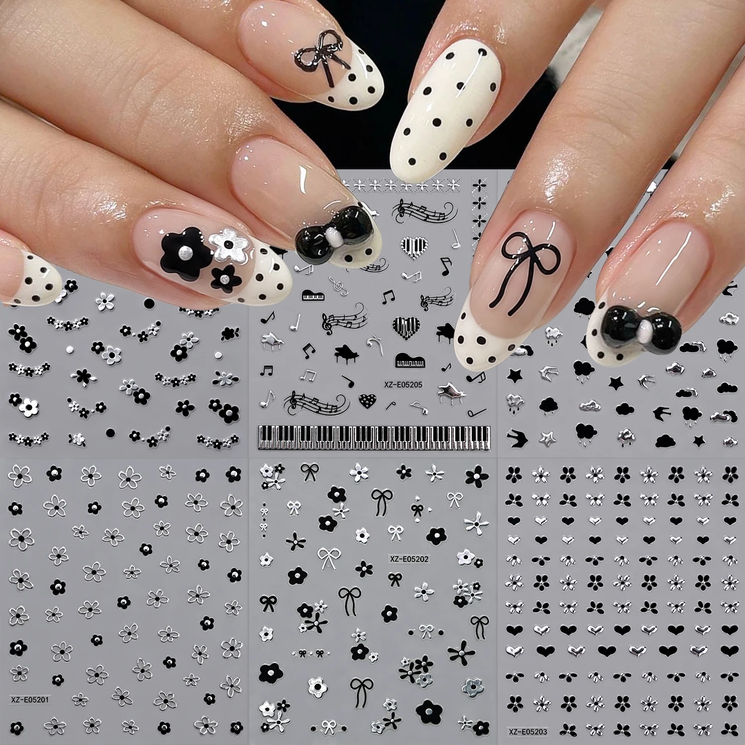 6Pcs 3D Silver Black Petal Flower Bowknot Nail Stickers Bronzing Heart/Cloud/Musical Note Self Adhesive Decals Manicure Sliders