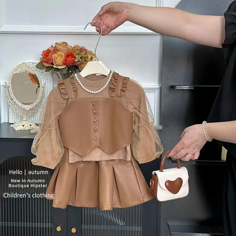 Children Autumn Winter New Style Long Sleeve Sweater Vest PU Leather Short Skirt Girls Three Piece Set Kids Outfits