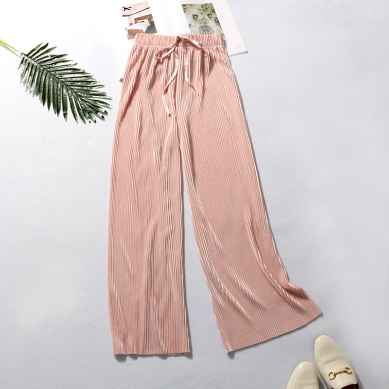 Pantalones de pierna ancha para mujer, pantalón largo, holgado, plisado, informal, elástico, cintura alta, verano, 2021