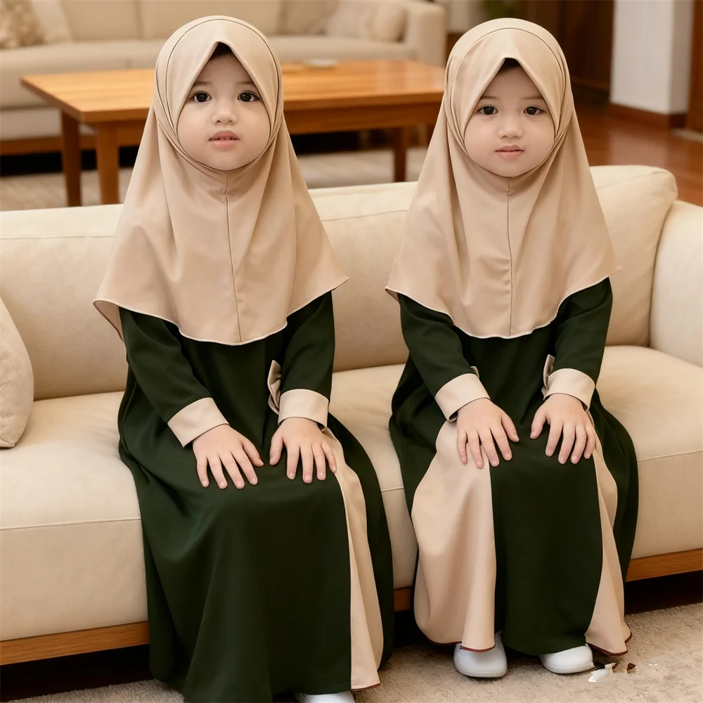 

2 шт., мусульманское детское молитвенное платье для девочек, хиджаб, халат Абая, детский Рамадан, кафтан, шарф, исламское платье для Ид, кафтан, химар, Джалабия