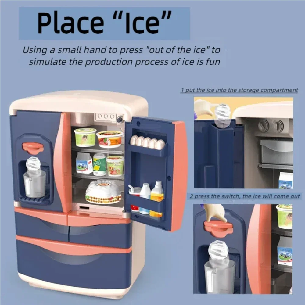 مجموعة ألعاب ثلاجة الأطفال مع موسيقى رذاذ وأضواء للعب في الأماكن المغلقة، لعبة المطبخ الممتعة للأولاد والبنات