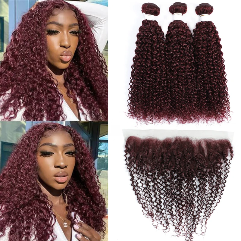 

Kinky Curly Human Hair Bundles With Frontal 99J/Burgundy RedWine Hair Weave Bundles With Closure Brazilian Remy Hair Extension