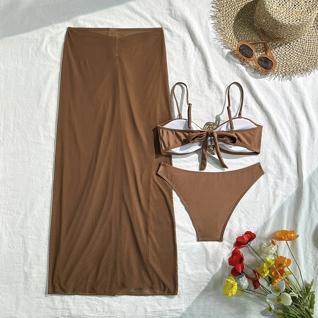 Neu mit Rock, Metallring, brasilianischer Bikini, Damen-Badeanzug, Damen-Bademode, dreiteiliges Bikini-Set, Badeanzug, Badebekleidung, Schwimmbekleidung V6990 – Detail 13