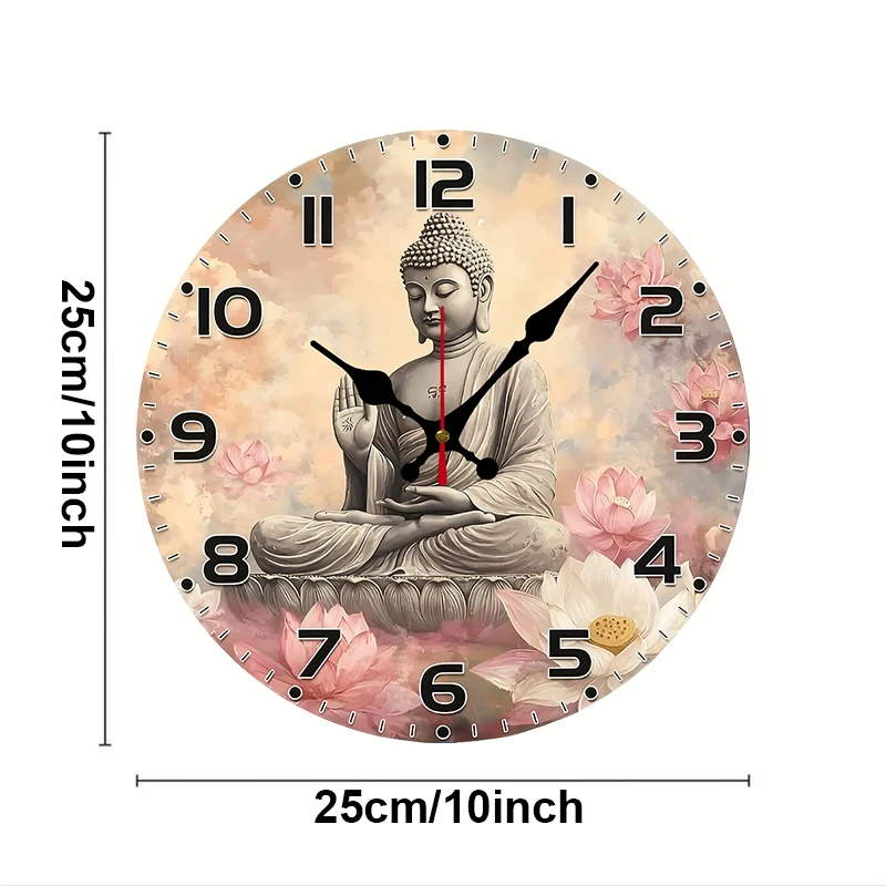 Serene Buddha Wooden Round Silent Hanging Wall Clock, Suitable For Living Room, Office, Study Room, Bedroom, Home Decoration view 2