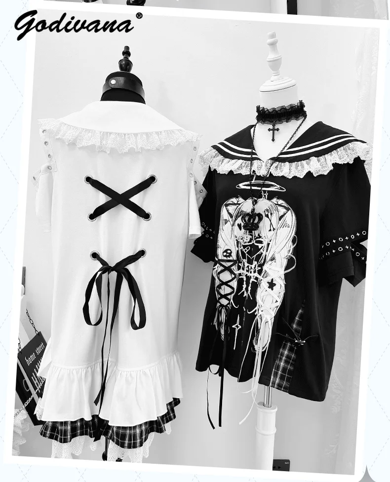 Y2k Subculture Girls Sweet Lace Spliced Sailor Collar T-shirt Loose Tops New Summer Women's Short Sleeve Animation Print Tshirt