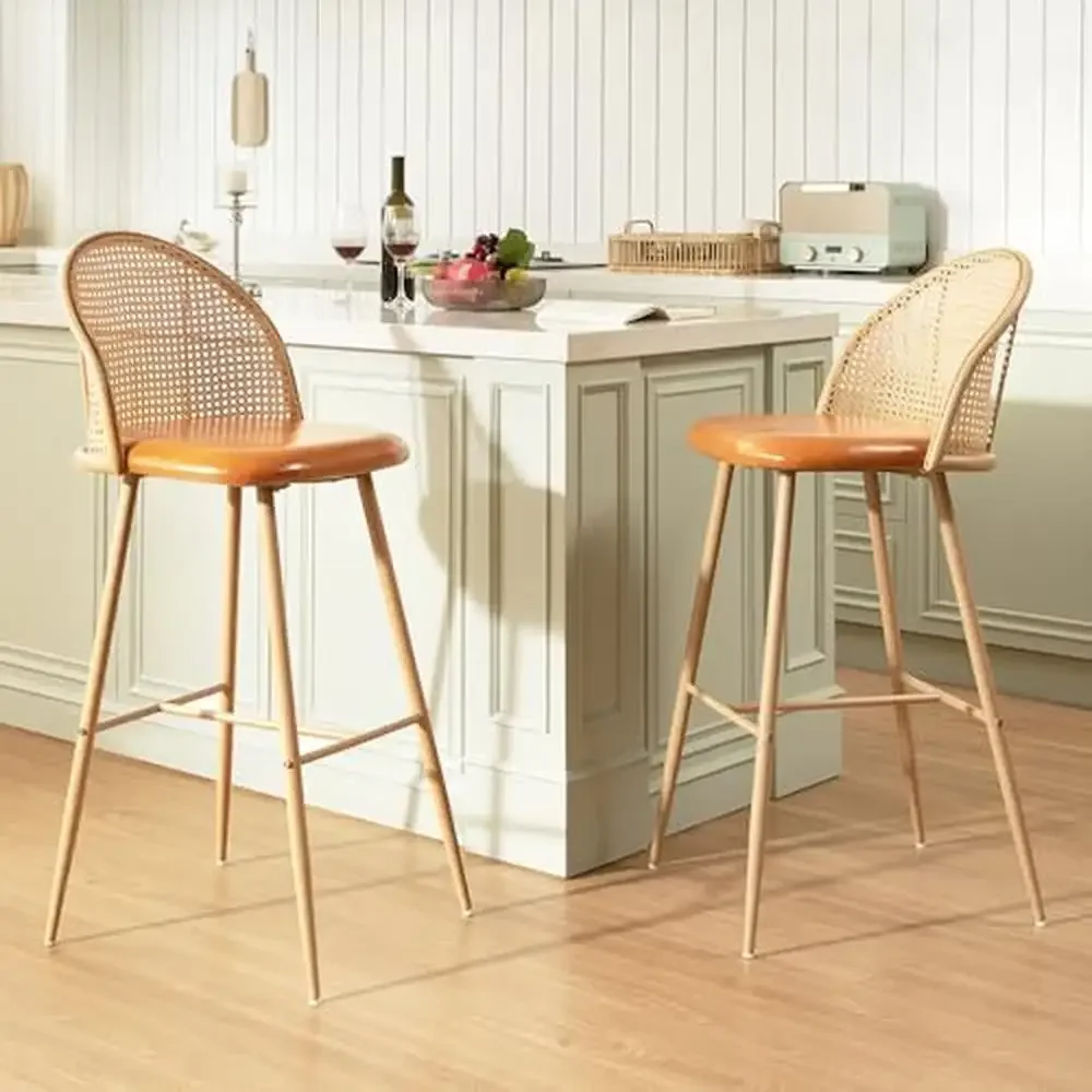 Set Van 4 Boho Rotan Barkrukken Lederen Stoel Rieten Rug Moderne Aanrechthoogte