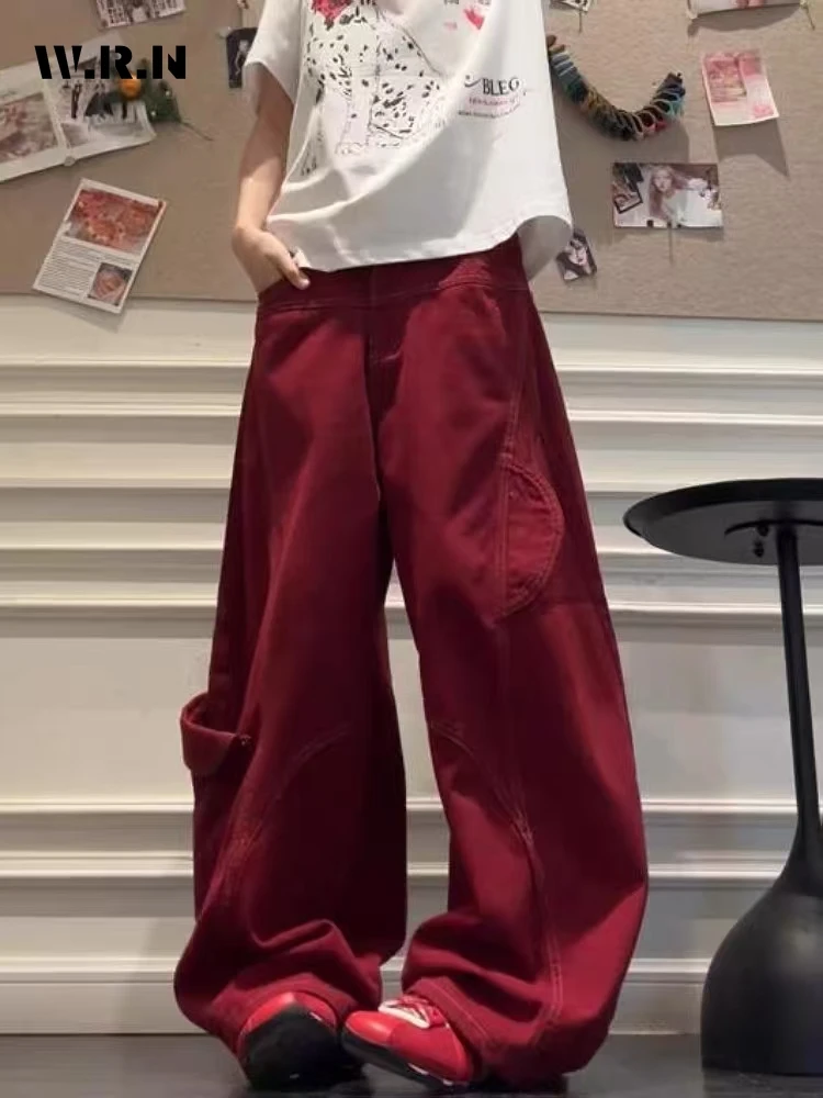 

Street Vintage Jeans New Y2K Harajuku Wash Red Streetwear Baggy Jeans Denim Pants Mens Womens High Waist Wide Trousers 2025