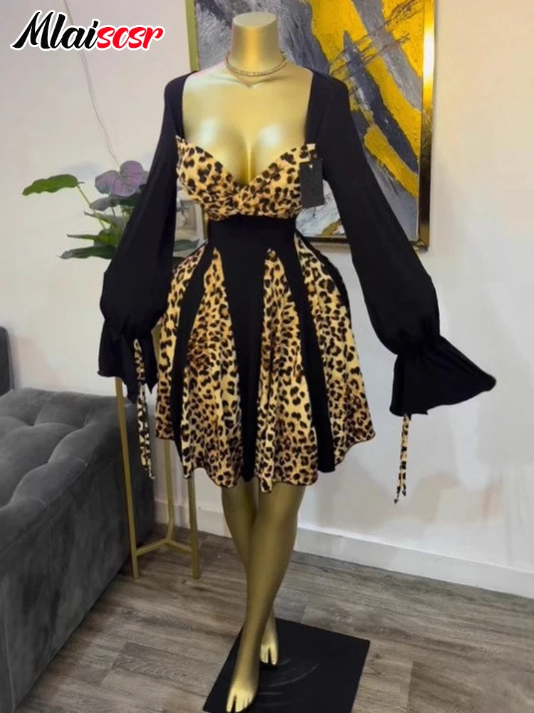 

Mlaiscsr сексуальное платье для ночного клуба женское леопардовое платье в стиле пэчворк с v-образным вырезом и расклешенными длинными рукавами с оборками большие качели трапециевидной формы платья на день рождения