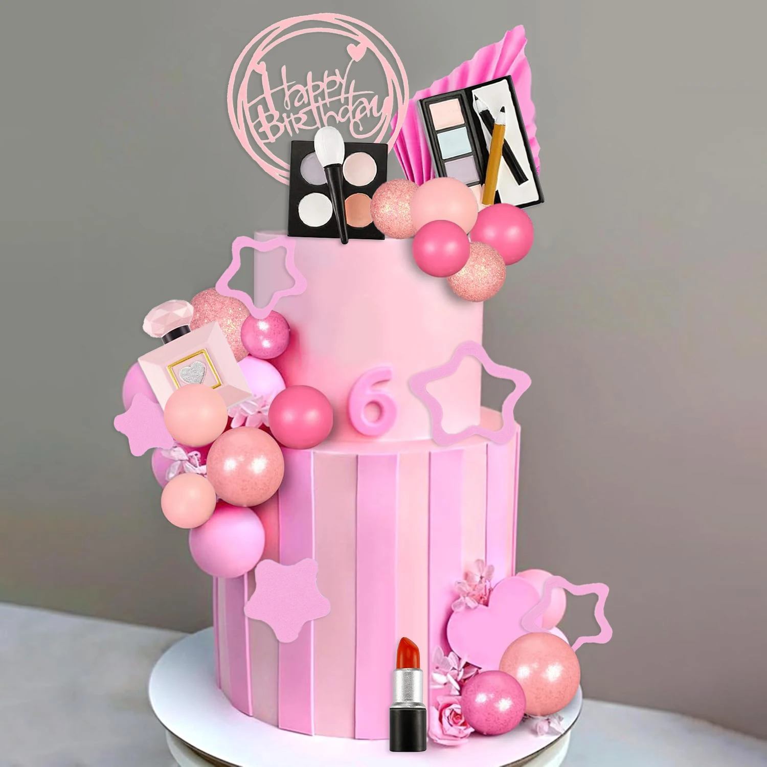 34PCS Makeup Cake Topper Happy Birthday Cake Topper with Lipstick Eye Shadow Makeup Brush for Girls Makeup Birthday Party Decor