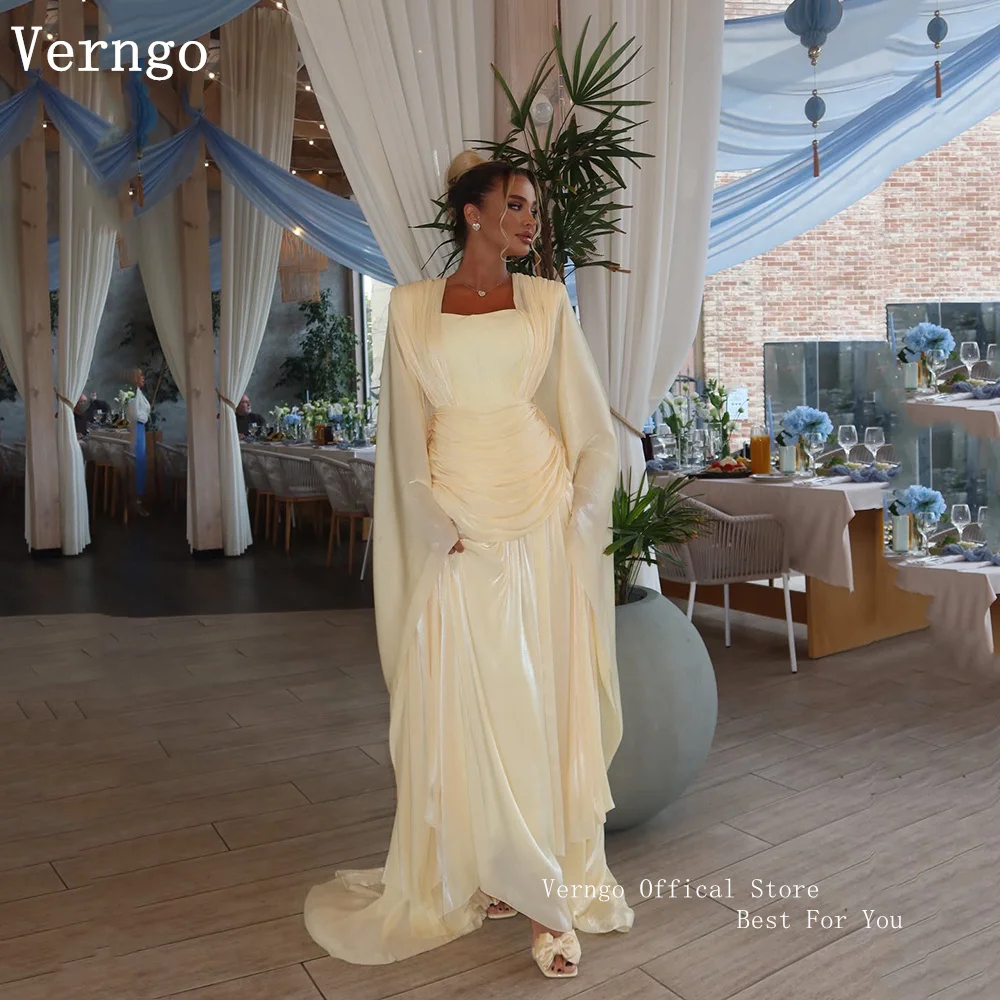 

Verngo Baby Yellow Satin Evening Dress Square Collar Full Sleeves A Line Prom Gowns Modest Party Dresses Customized