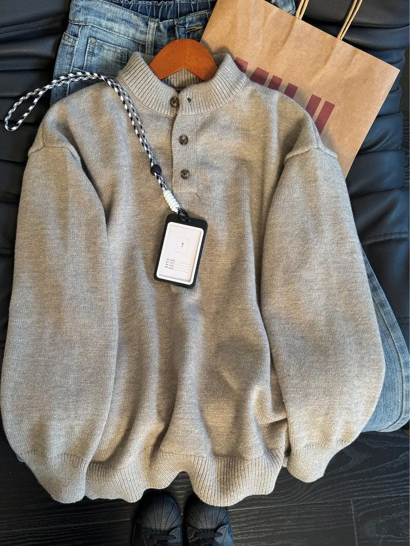 

Cleanfit Men's Knitted Sweater Henry Collar Retro American Sle Inner irt Winter Casual Loose Fit Long Sve Top