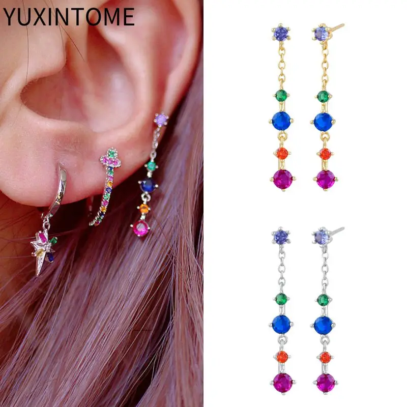 925 Sterling Silver Ear Needle Exquisite Long Chain Tassel Stud Earrings For Women Colorful Crystal Chain Earring Luxury Jewelry