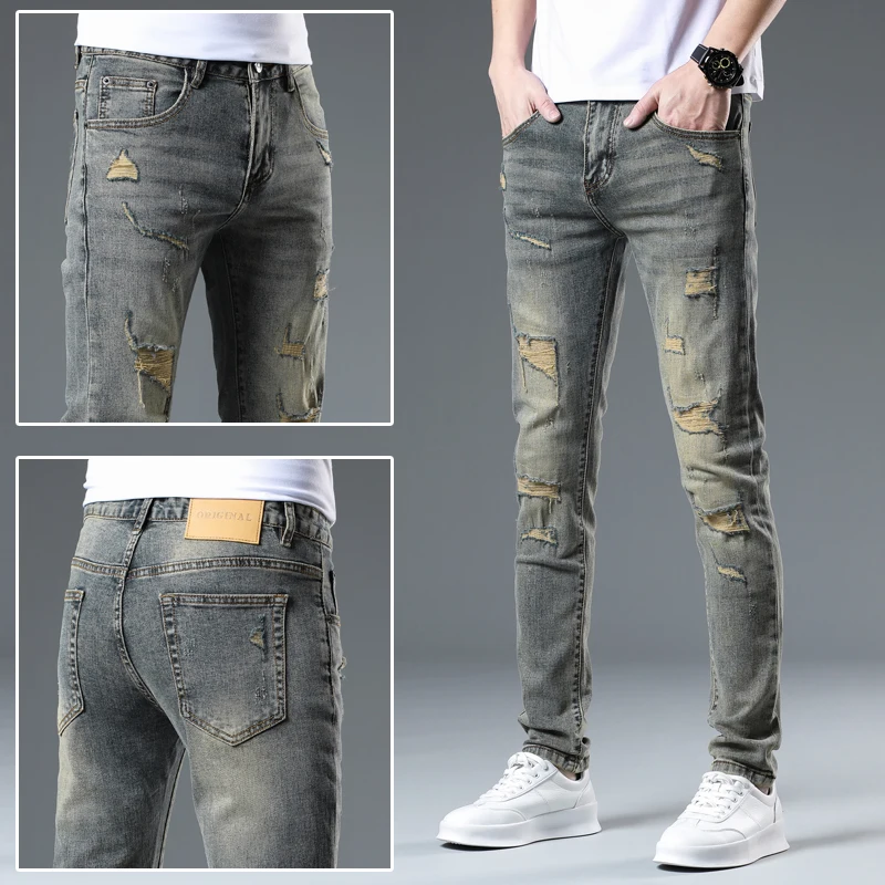 2025 ヴィンテージジーンズスキニー男性ユーズド加工デニムパンツパッチワークヒップホップリッピングジーンズ男性バイク全身ズボン