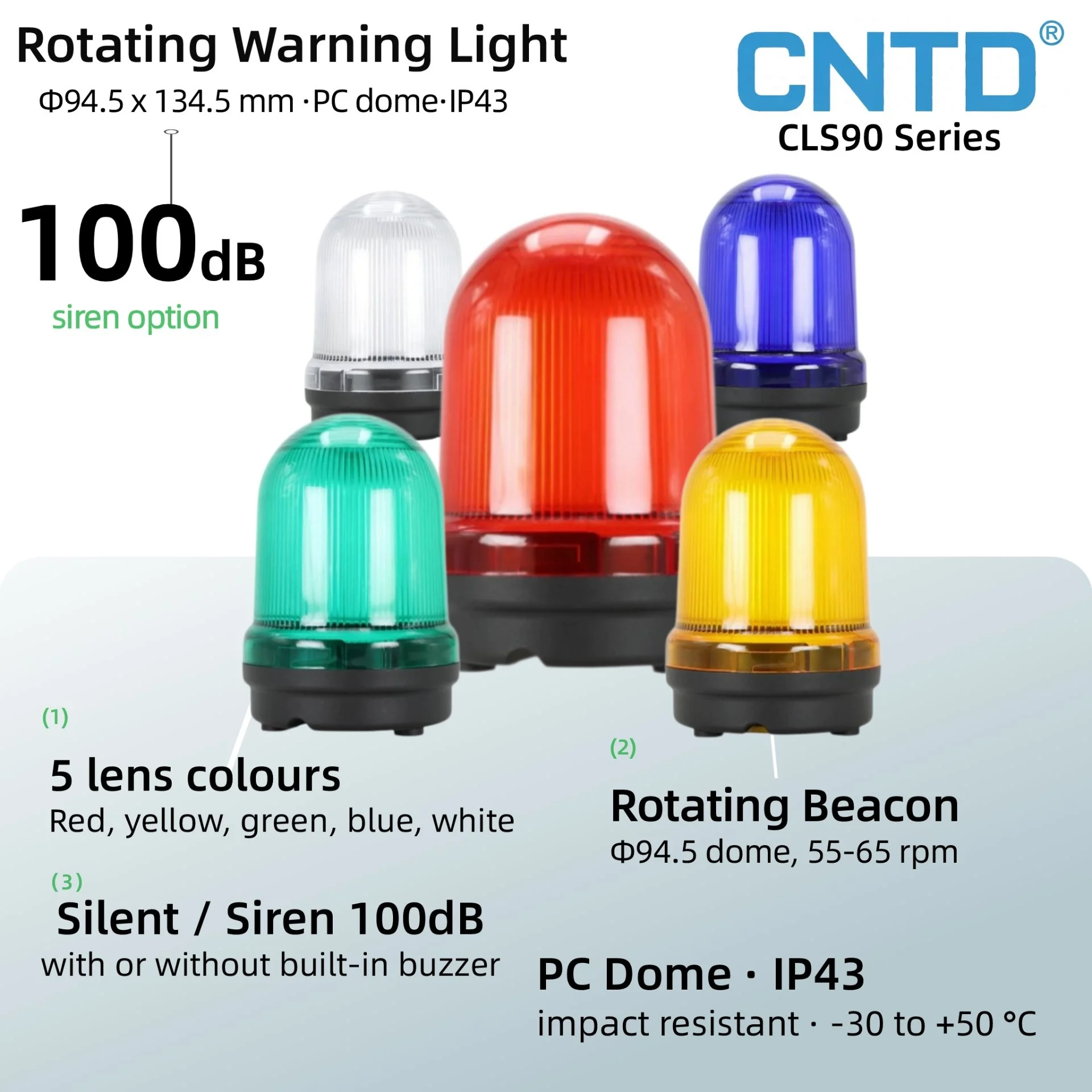 CNTD CLS90 Single-Layer Rotating Warning Light 5 Colours 100dB Buzzer Beacon AC/DC 24V AC 220V IP43 PC Dome Signal Lamp 90mm CE
