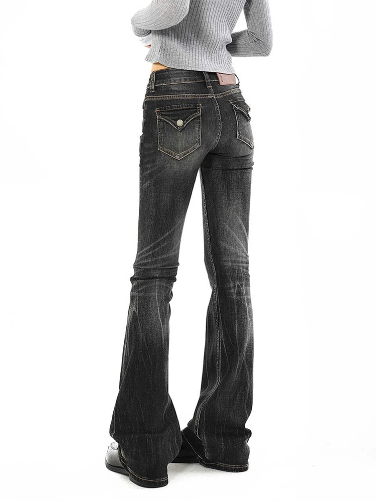 2025 Autumn Winter Women Low Rise Flare Denim Pants American Black Jeans Y2k Japanese Harajuku Gyaru Bell Bottom Bootcut Jeans