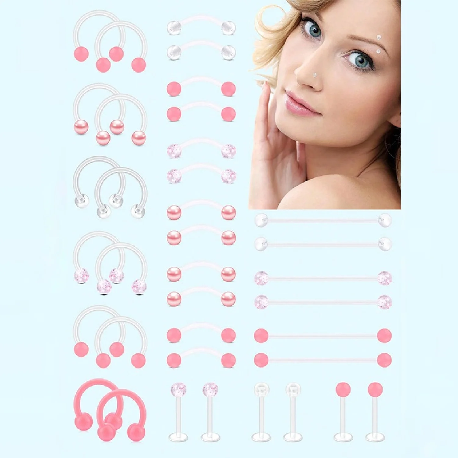 12pcs Clear Pink Industrial Piercing Jewelry Plastic Septum Eyebrow Helix Tragus Daith Vertical Labret Rings for Surgery