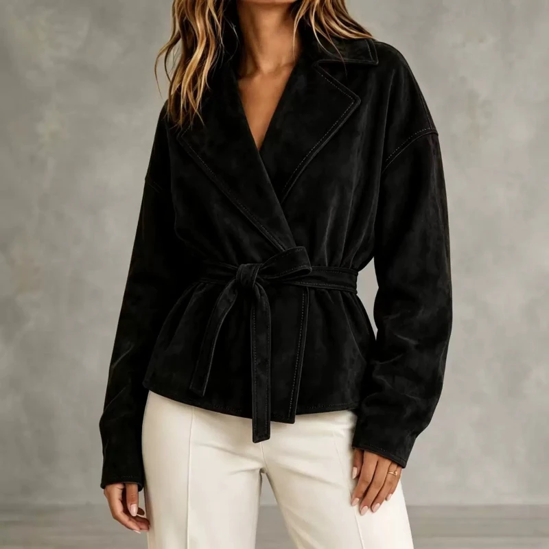 2026 Autumn and Winter Hot Selling New Style Lapel Suede Lace up Waist Cinching Short Jacket for Women