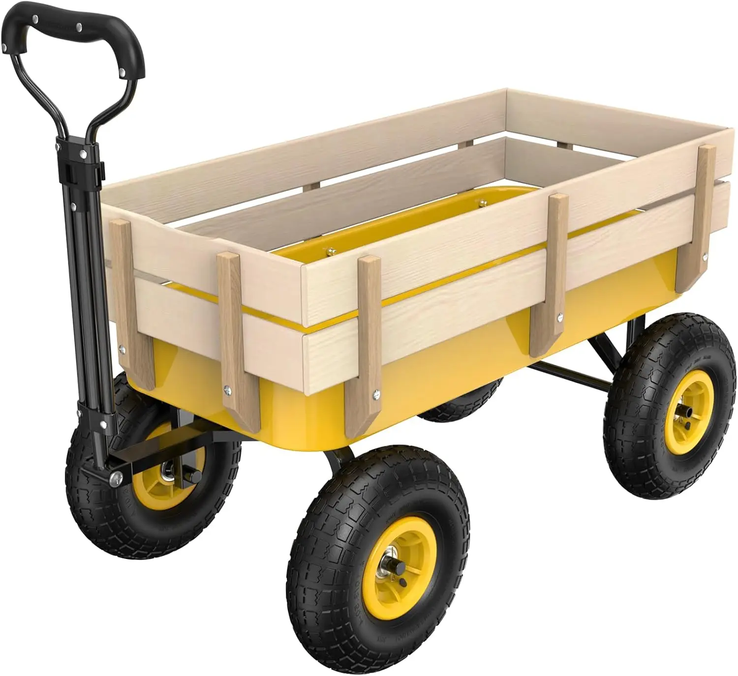 

Wagon Cart Steel Frame and Wood Coated Railing 330lbs All Terrain Wagon 9.2in Solid Tires for Garden and Outdoor (Yellow)