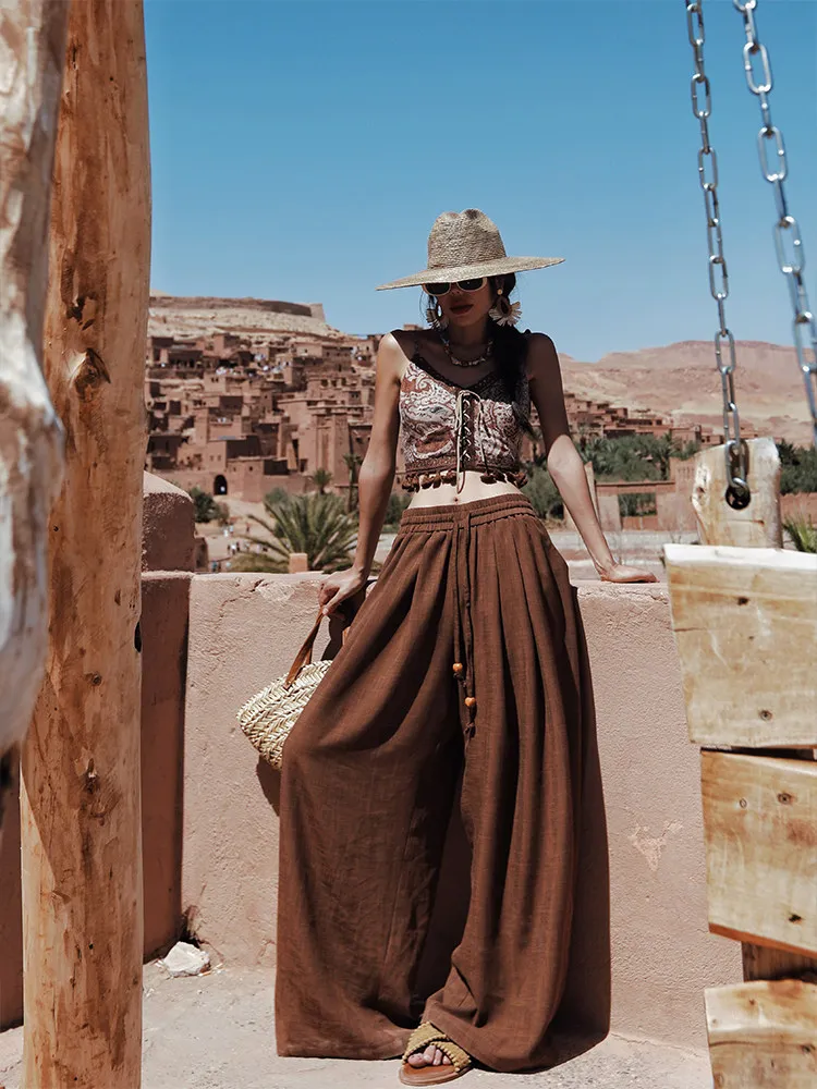 

TIYIHAILEY Wide Leg Long Pants For Women Trousers Elastic High Waist Casual Bohemian 2026 New Fashion Ladies Summer Brown