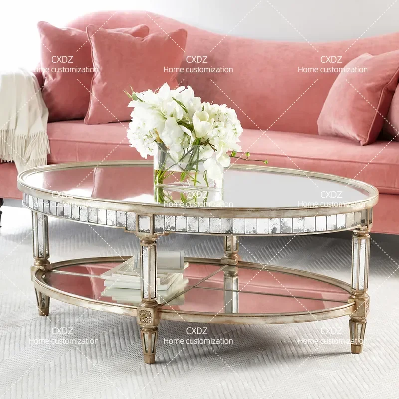 Neoclassical Oval Coffee Table with Mirror Glass Top Small Living Room Side Table for Sofa Creative Personalized Tea Table