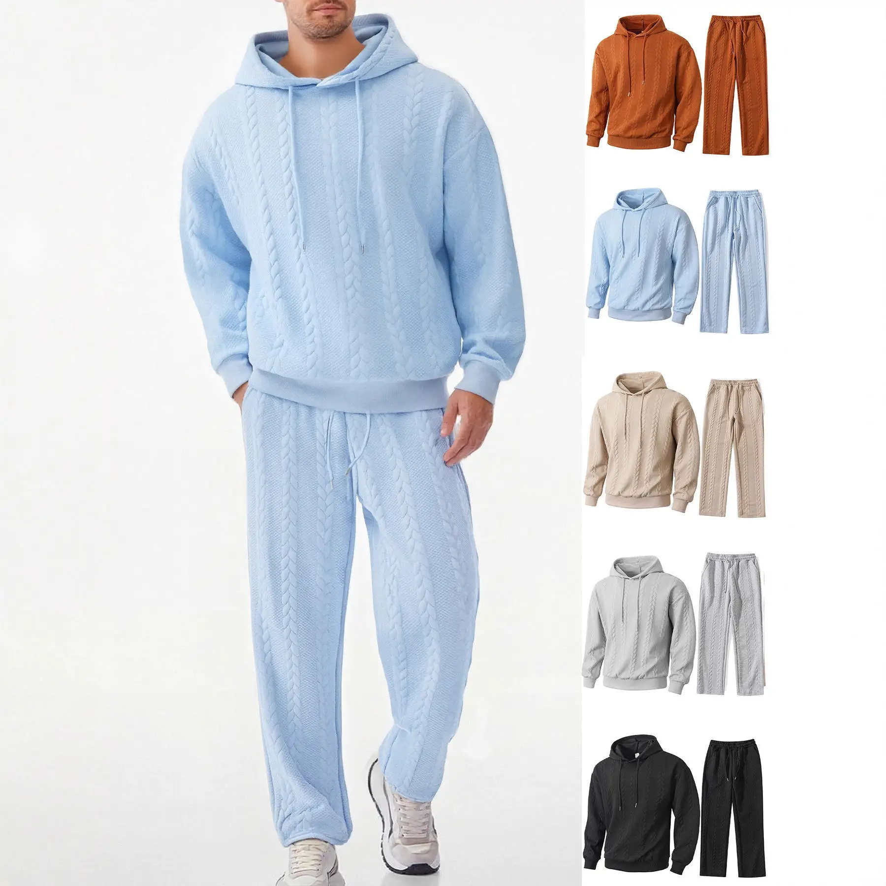 

New Men's Long Sleeve Hoodie Set Pure Color Casual Two-Piece Suit with Embroidery Cross-Border Apparel Summer Collection